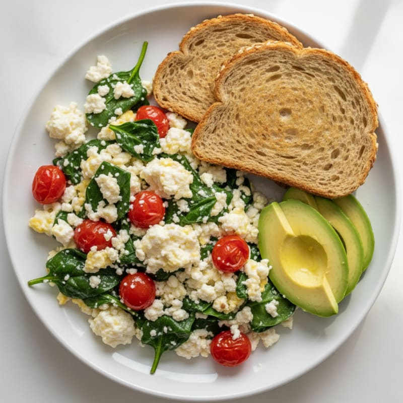 Egg White and Cottage Cheese Scramble with Spinach and Cherry Tomatoes