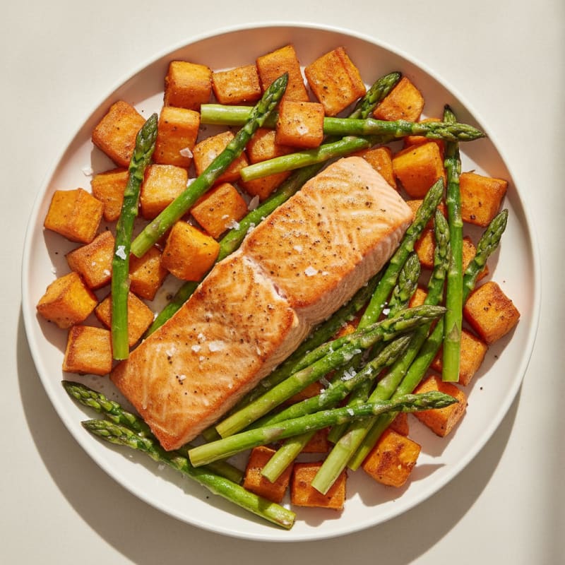 Seared Salmon with Roasted Sweet Potatoes and Asparagus