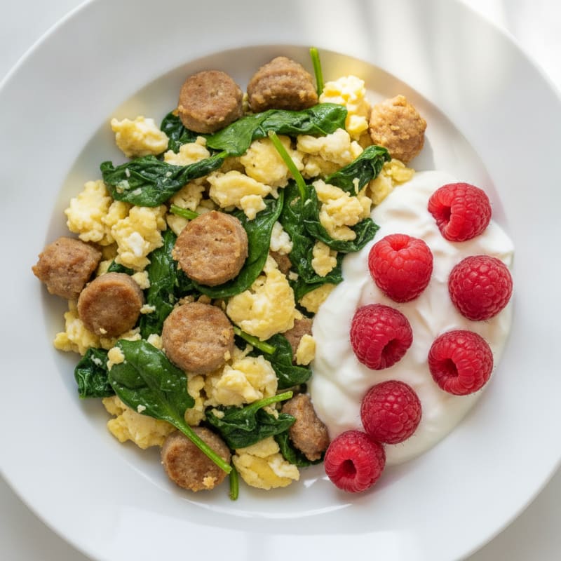 Egg White Spinach Scramble with Turkey Sausage and Greek Yogurt