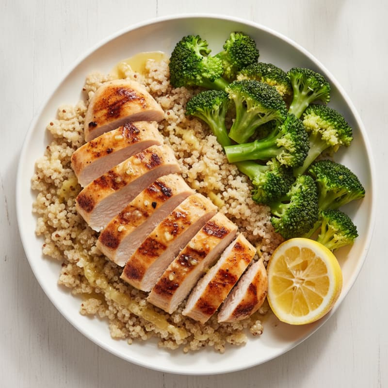 Grilled Chicken Breast with Steamed Broccoli and Quinoa