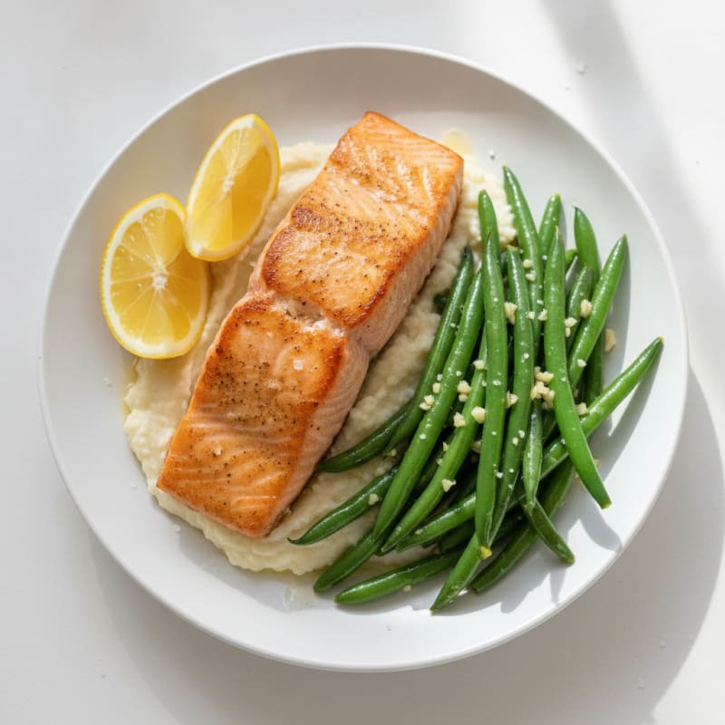 Seared Salmon Filet with Garlic Green Beans and Cauliflower Mash
