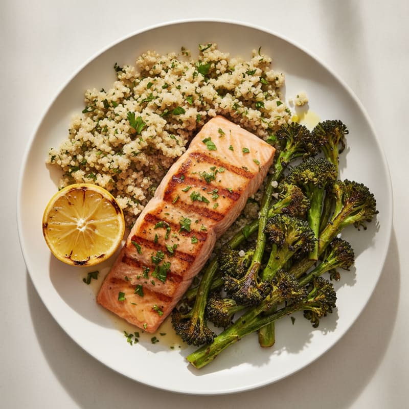 Grilled Lemon Herb Salmon with Quinoa and Roasted Broccoli
