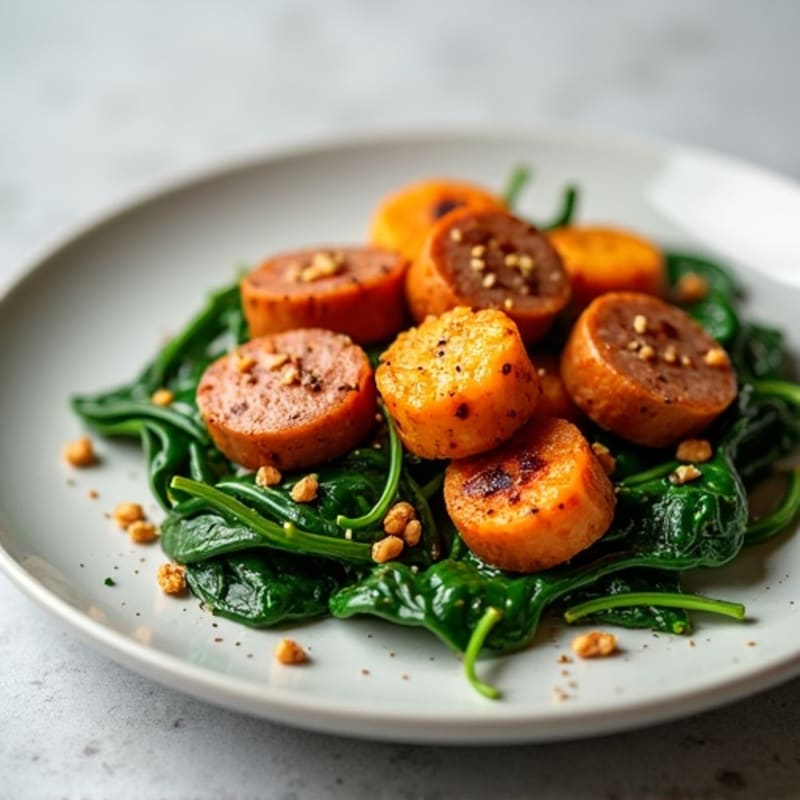Pan-Seared Sweet Potato Gnocchi with Lean Chicken Sausage and Sautéed Spinach