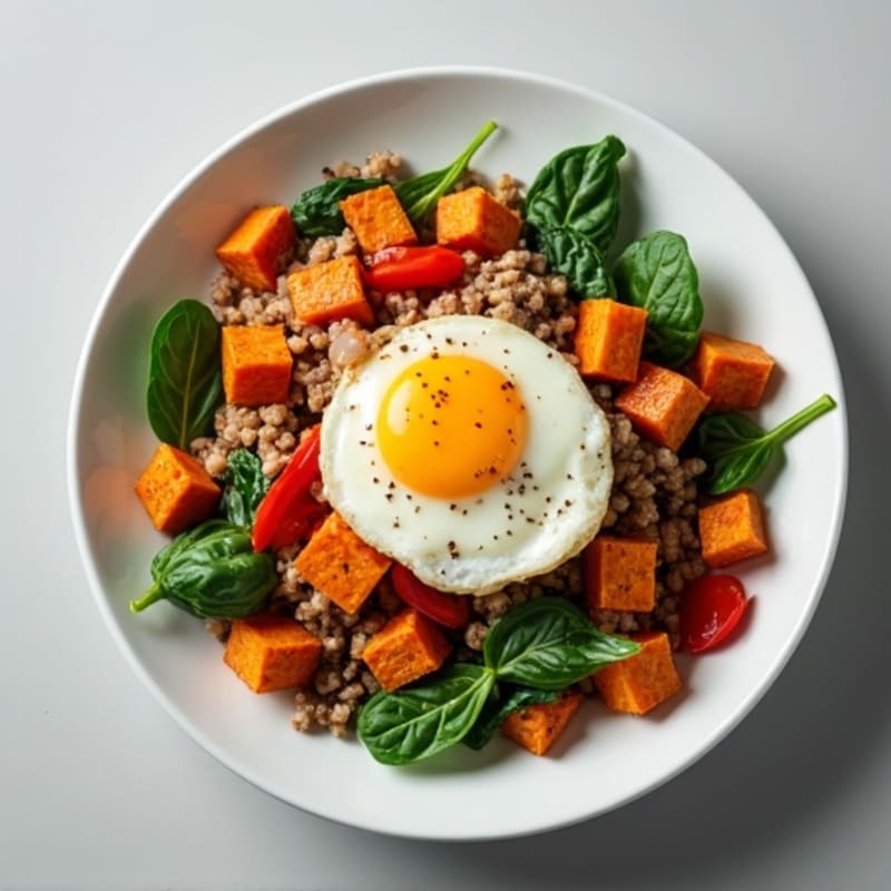 Crispy Sweet Potato and Turkey Hash with Fresh Spinach