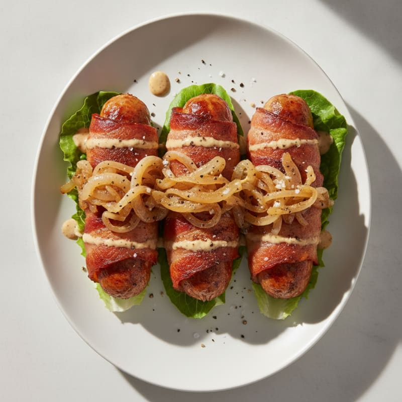 Bacon-Wrapped Chicken Hot Dogs with Caramelized Onions