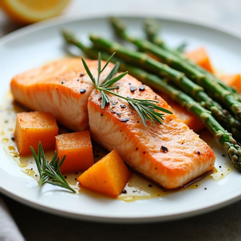 Seared Salmon with Roasted Asparagus and Sweet Potato
