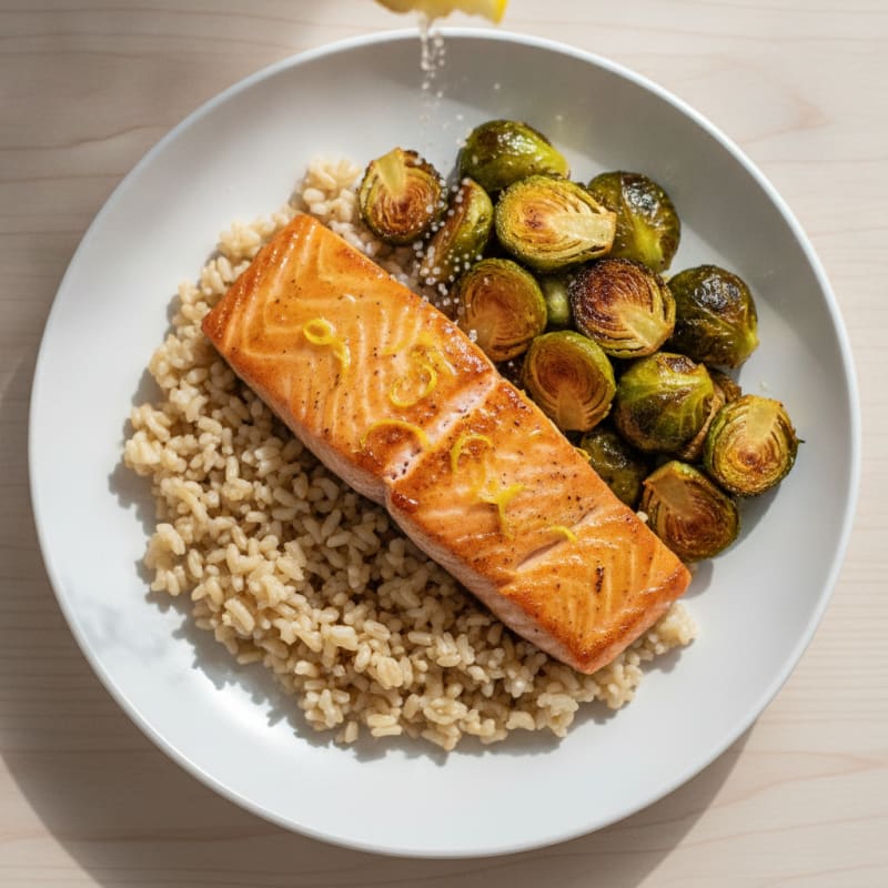 Seared Salmon with Roasted Brussels Sprouts and Brown Rice