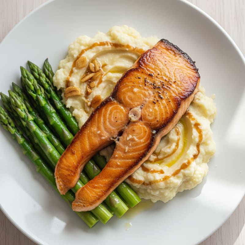 Seared Salmon with Steamed Asparagus and Garlic Mashed Cauliflower