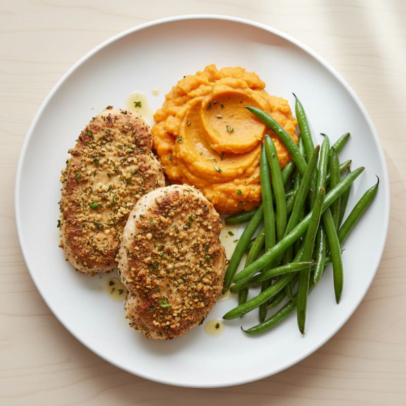 Seared Herb-Crusted Turkey Cutlets with Sautéed Green Beans and Sweet Potato Mash