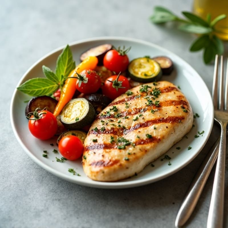 Tender Roasted Zucchini, Eggplant, and Bell Pepper with Tomato and Herbs and Grilled Chicken