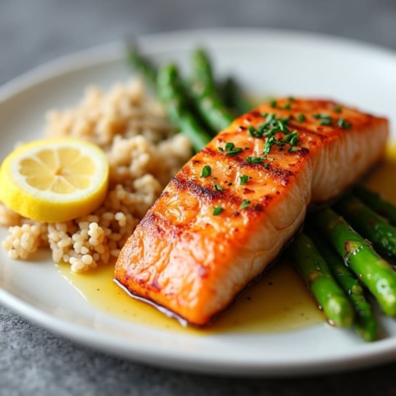 Seared Salmon with Steamed Asparagus and Brown Rice