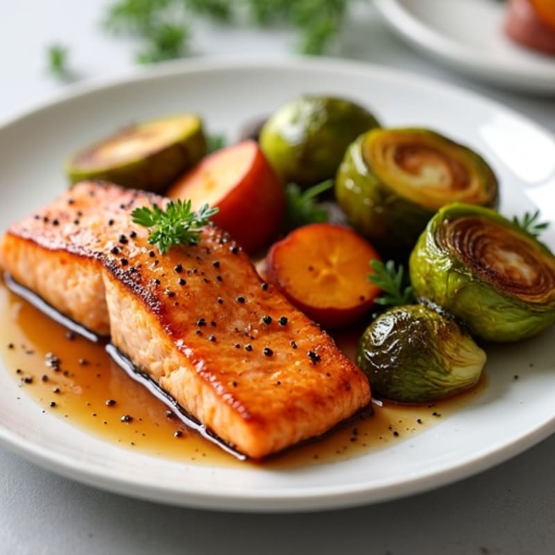 Maple-Glazed Salmon with Roasted Sweet Potatoes and Crispy Brussels Sprouts