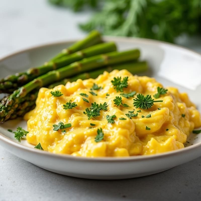 Creamy Scrambled Eggs with Fresh Herbs and Roasted Asparagus