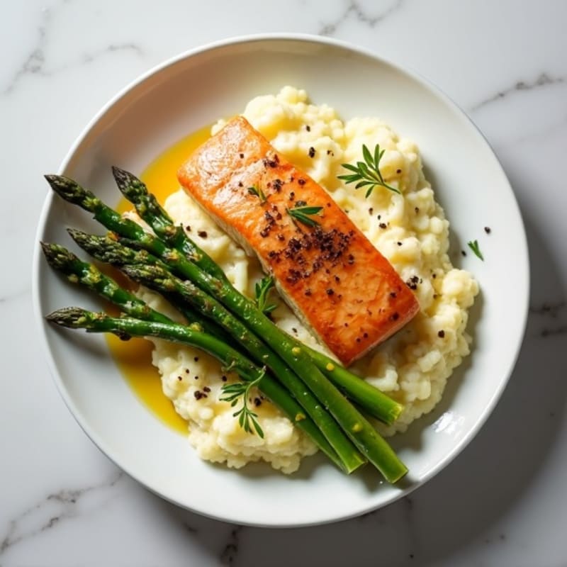 Seared Salmon with Lemon Garlic Asparagus and Cauliflower Mash
