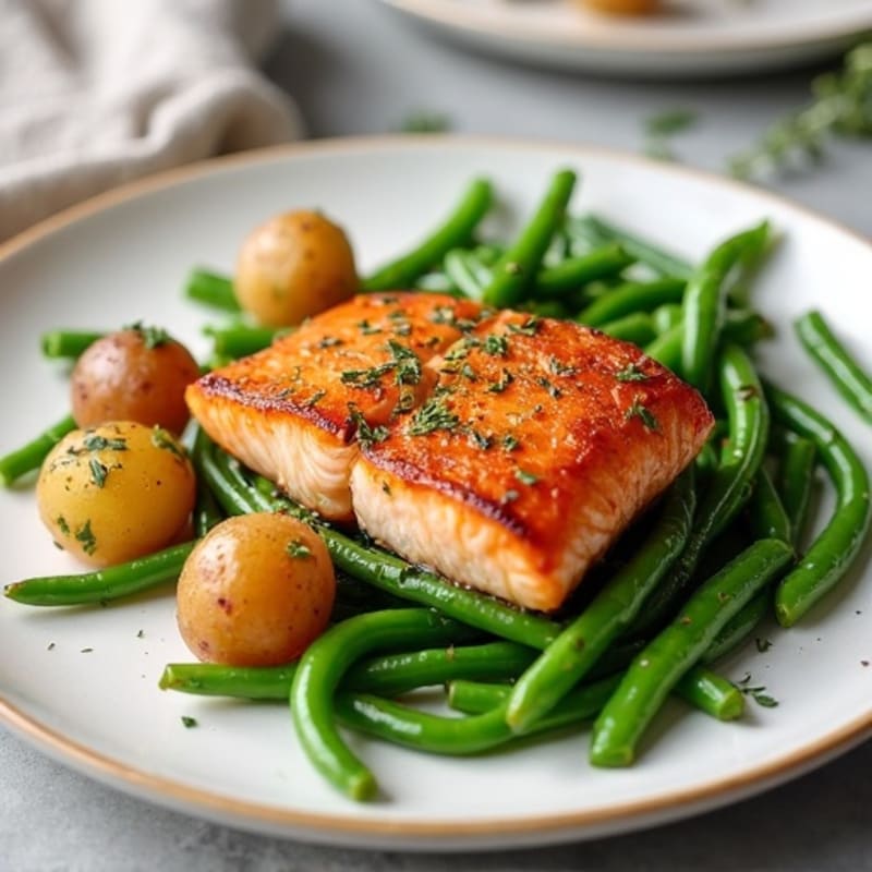 Seared Salmon with Garlic Green Beans and Herb Potatoes
