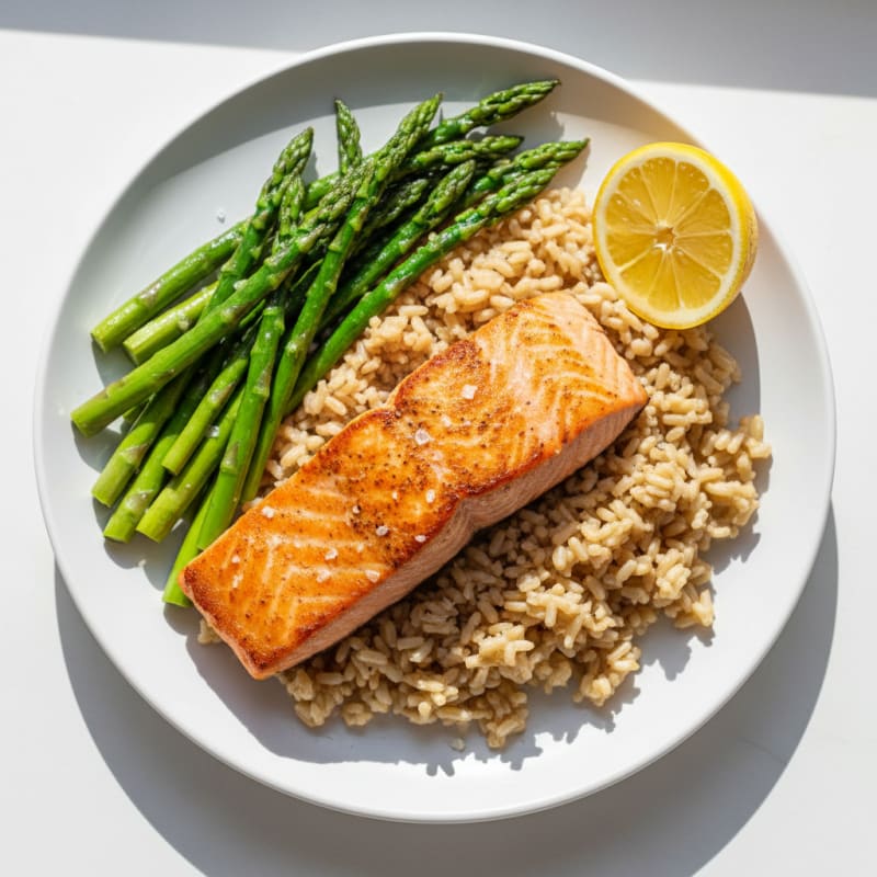 Seared Salmon with Steamed Asparagus and Brown Rice