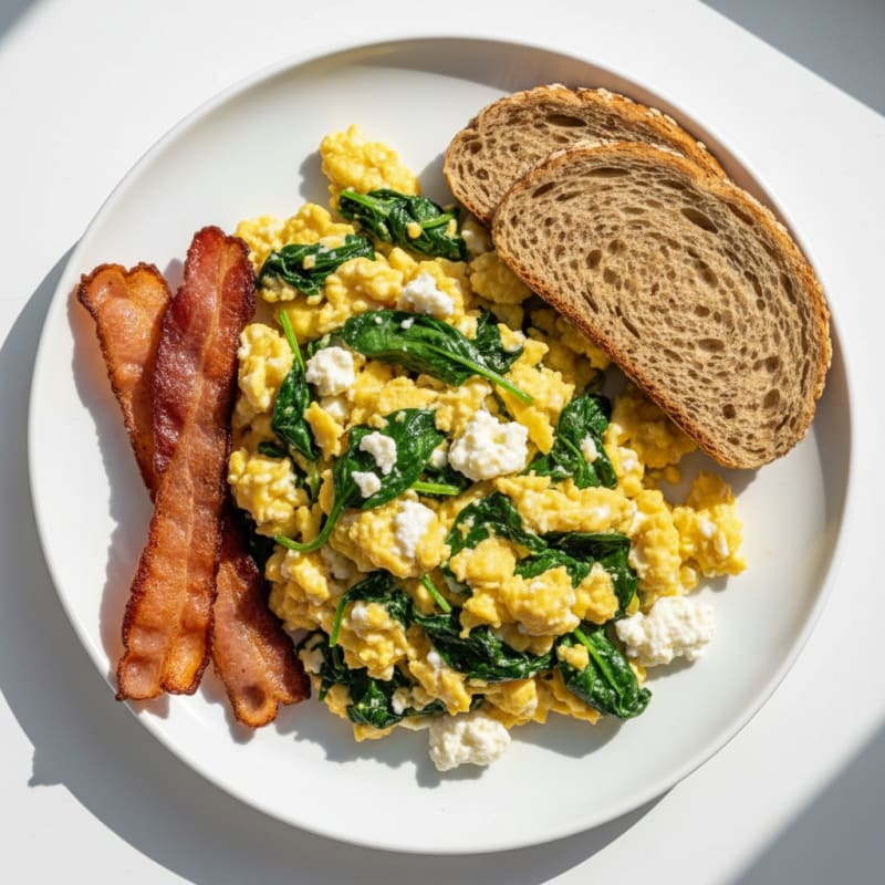Cottage Cheese Scramble with Spinach and Turkey Bacon
