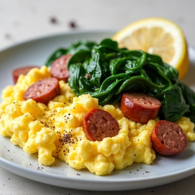 Egg White Scramble with Turkey Sausage and Sautéed Spinach