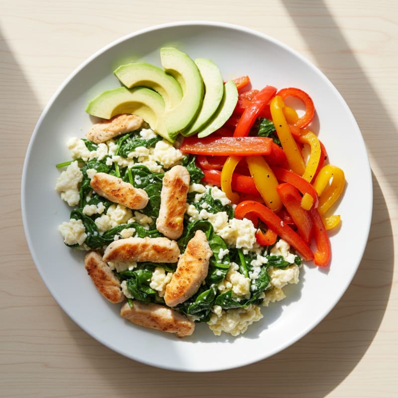 Chicken and Spinach Egg White Scramble with Sautéed Peppers