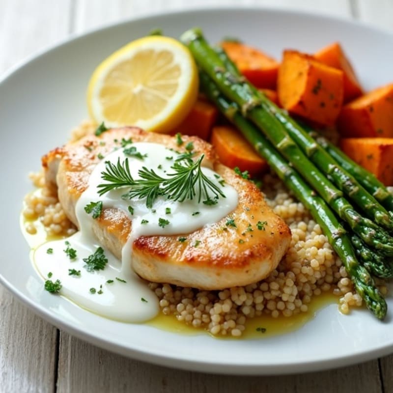 Creamy Lemon Herb Chicken with Roasted Sweet Potatoes and Asparagus