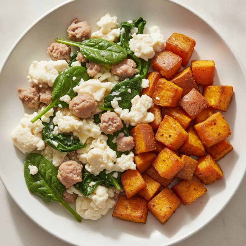 Egg White and Turkey Sausage Scramble with Spinach and Roasted Sweet Potatoes