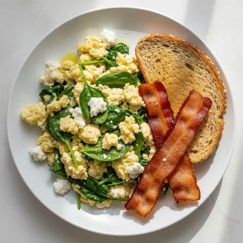 Cottage Cheese Egg Scramble with Spinach and Turkey Bacon