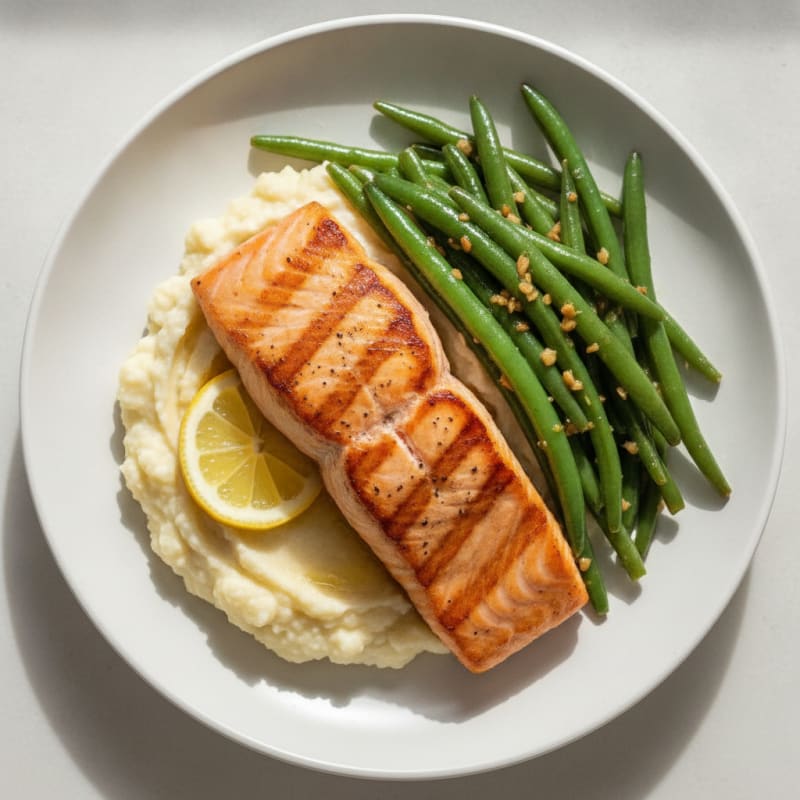 Seared Salmon with Garlic Green Beans and Cauliflower Mash