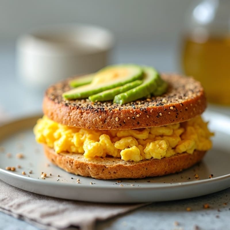 Crispy Protein Bagel with Scrambled Eggs and Creamy Avocado