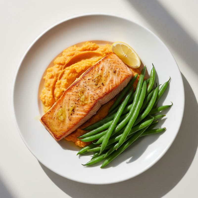 Seared Salmon Fillet with Steamed Green Beans and Sweet Potato Mash