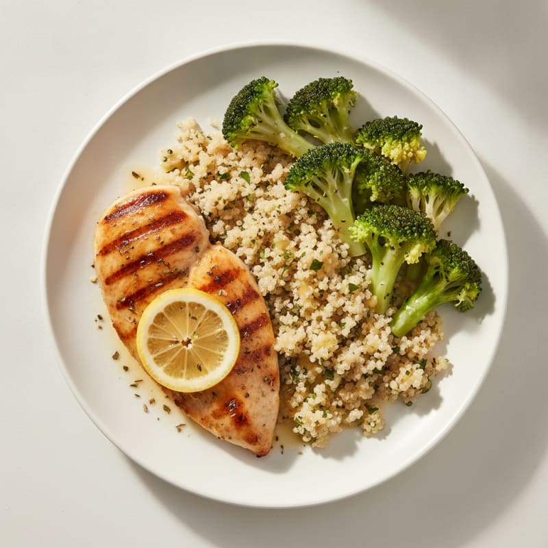 Grilled Chicken Breast with Steamed Broccoli and Quinoa