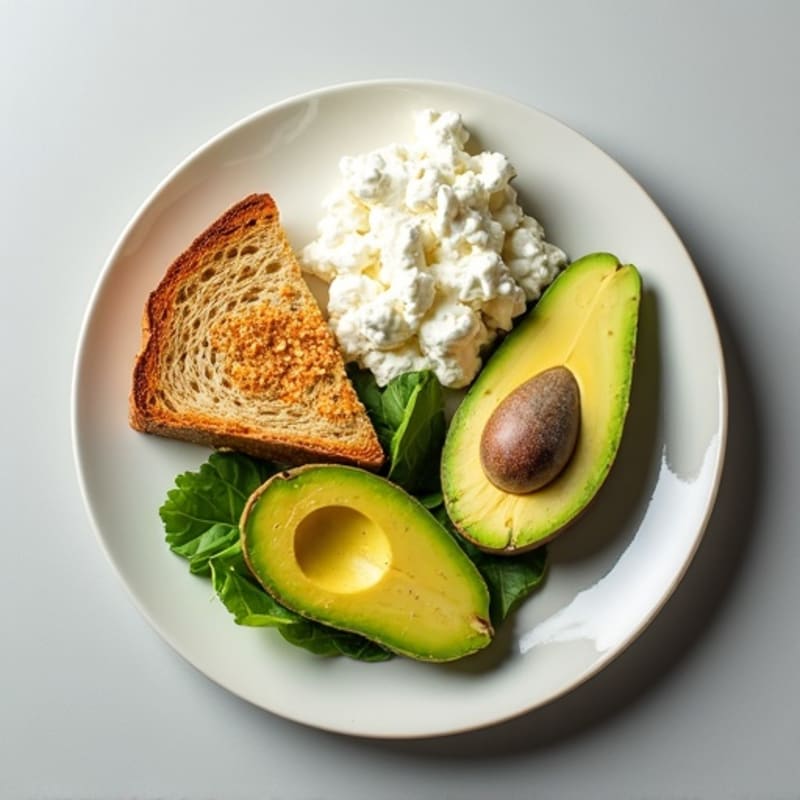 Creamy Cottage Cheese Protein Plate with Sliced Avocado and Crunchy Everything Bagel Spiced Toast
