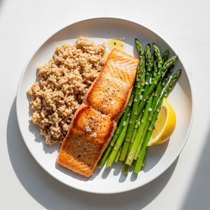 Pan Seared Salmon with Steamed Asparagus and Brown Rice