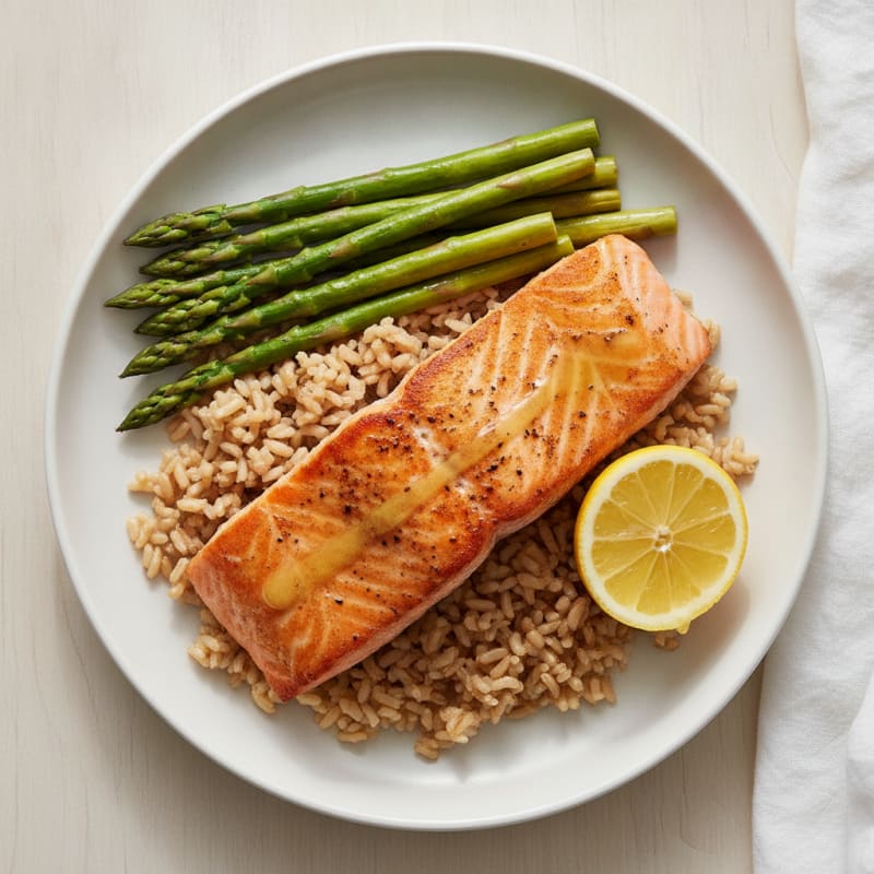 Seared Salmon Fillet with Steamed Asparagus and Brown Rice
