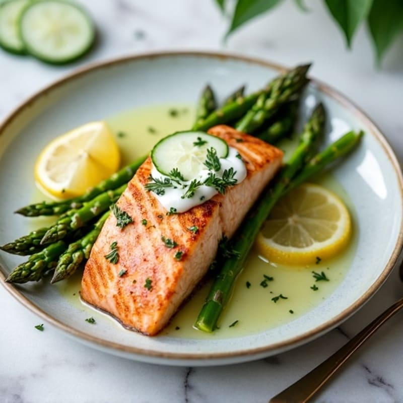 Seared Salmon with Roasted Asparagus and Cucumber Yogurt Sauce
