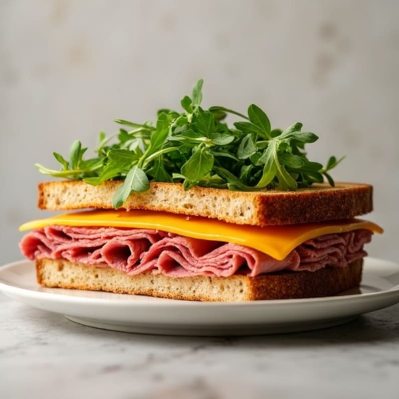 Lean Roast Beef & Melted Sharp Cheddar Sandwich with Fresh Arugula