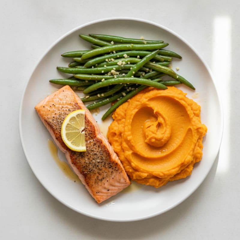Seared Salmon with Garlic Green Beans and Sweet Potato Mash