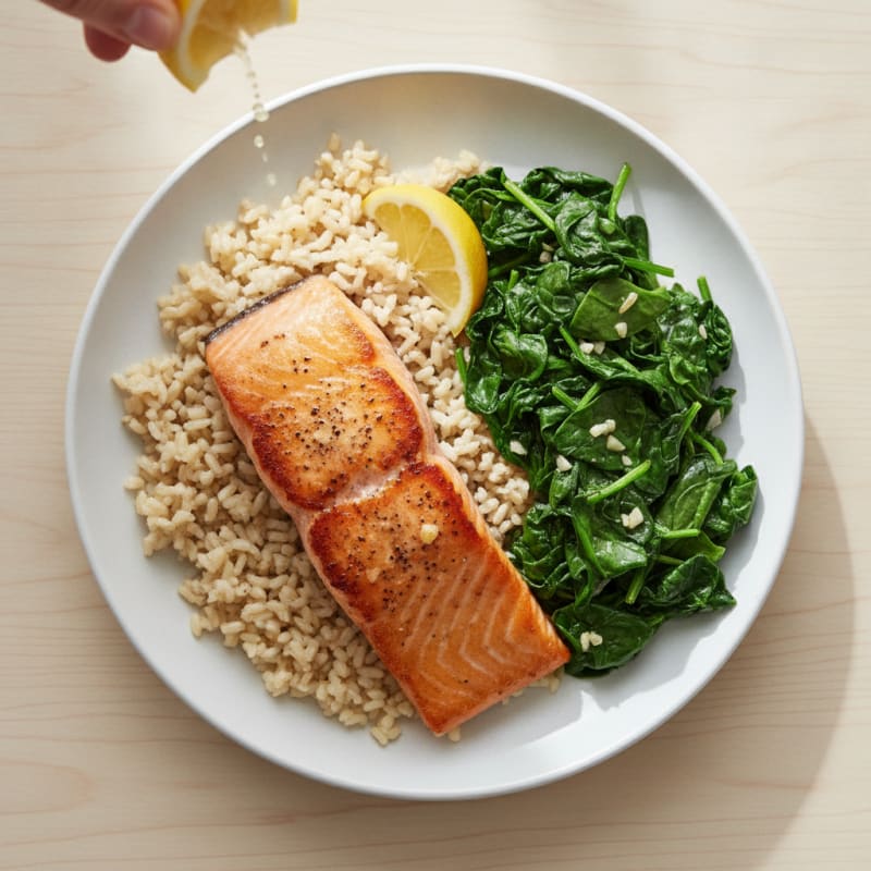 Seared Salmon with Garlic Spinach and Brown Rice
