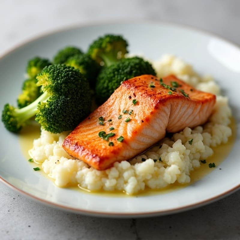 Seared Salmon Fillet with Roasted Broccoli and Garlic Mashed Cauliflower