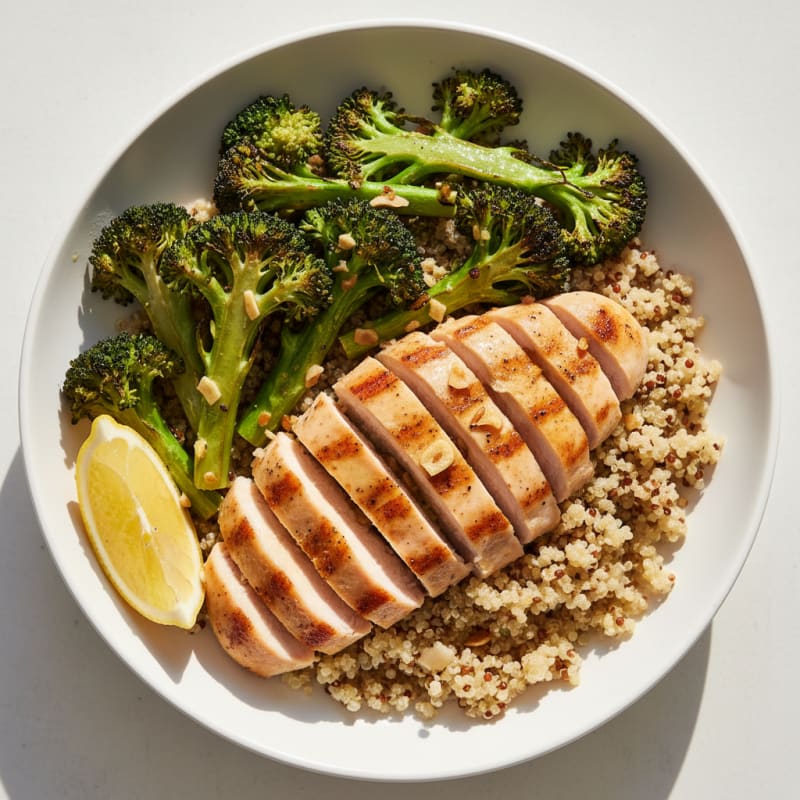 Grilled Chicken Breast over Quinoa and Roasted Broccoli
