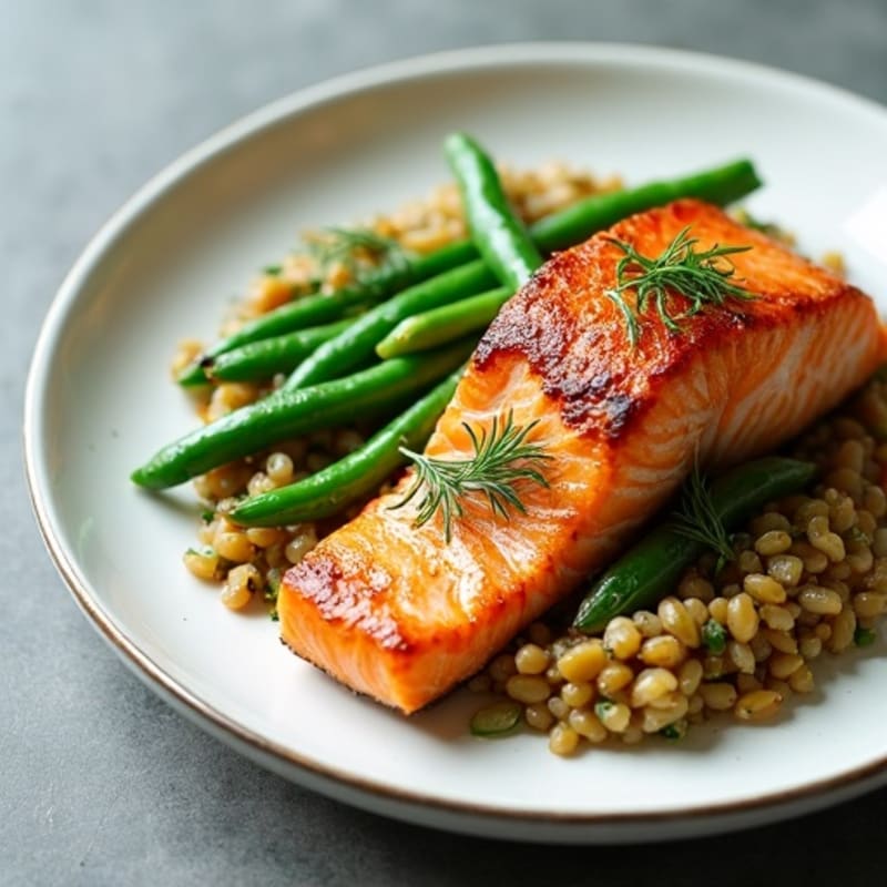 Pan-Seared Salmon with Crispy Green Beans and Herb Lentil Mash