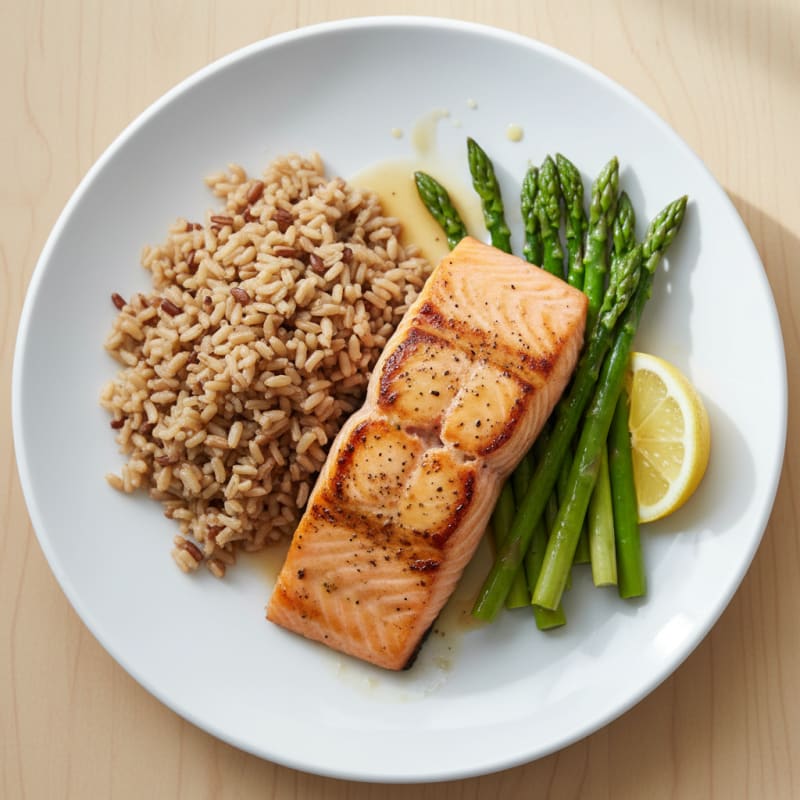 Seared Salmon with Steamed Asparagus and Brown Rice