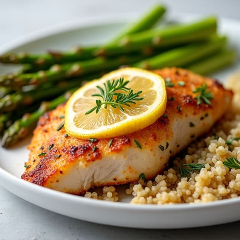 Crispy Lemon-Herb Roasted Chicken with Roasted Asparagus and Quinoa