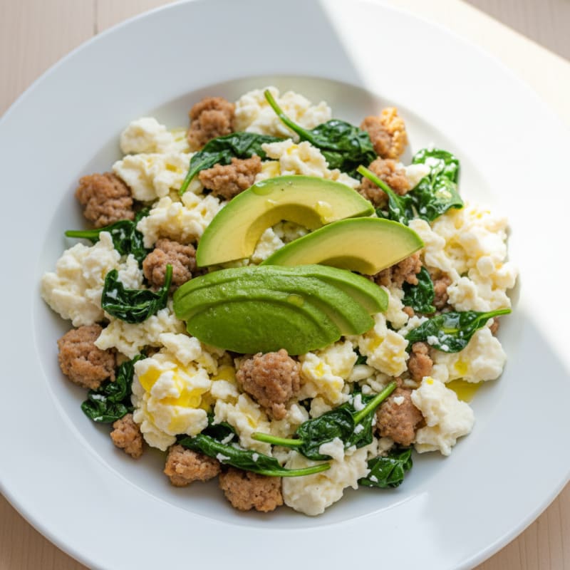 Egg White and Turkey Sausage Scramble with Sautéed Spinach