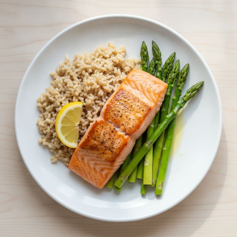 Seared Salmon with Steamed Asparagus and Brown Rice