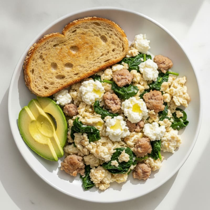 Egg White and Turkey Sausage Scramble with Cottage Cheese and Spinach