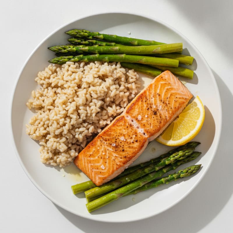 Seared Salmon with Steamed Asparagus and Brown Rice