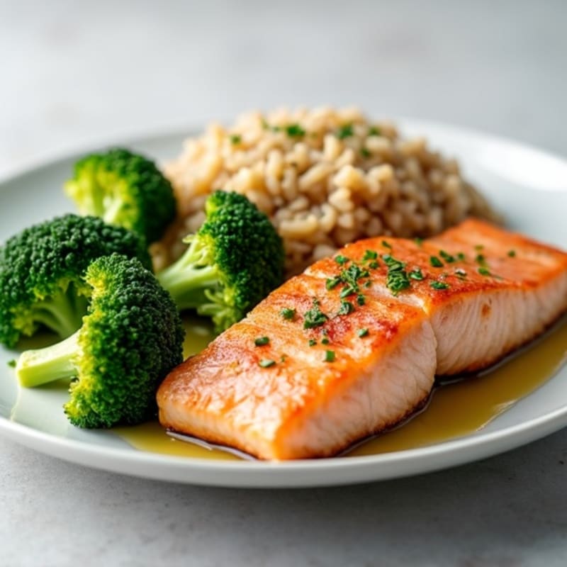 Seared Salmon with Steamed Broccoli and Brown Rice