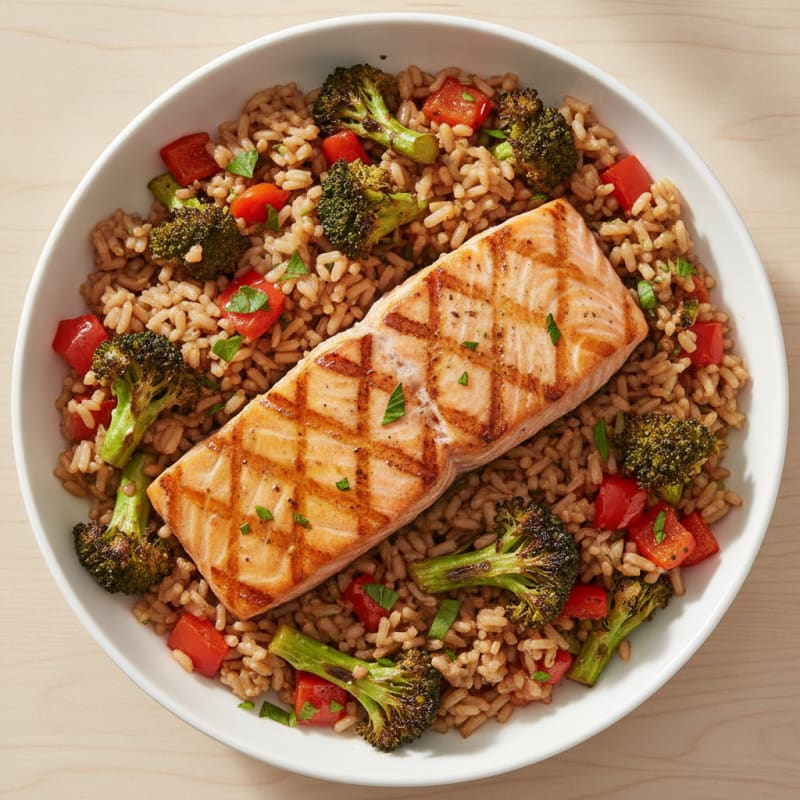 Grilled Salmon and Roasted Vegetable Rice Bowl