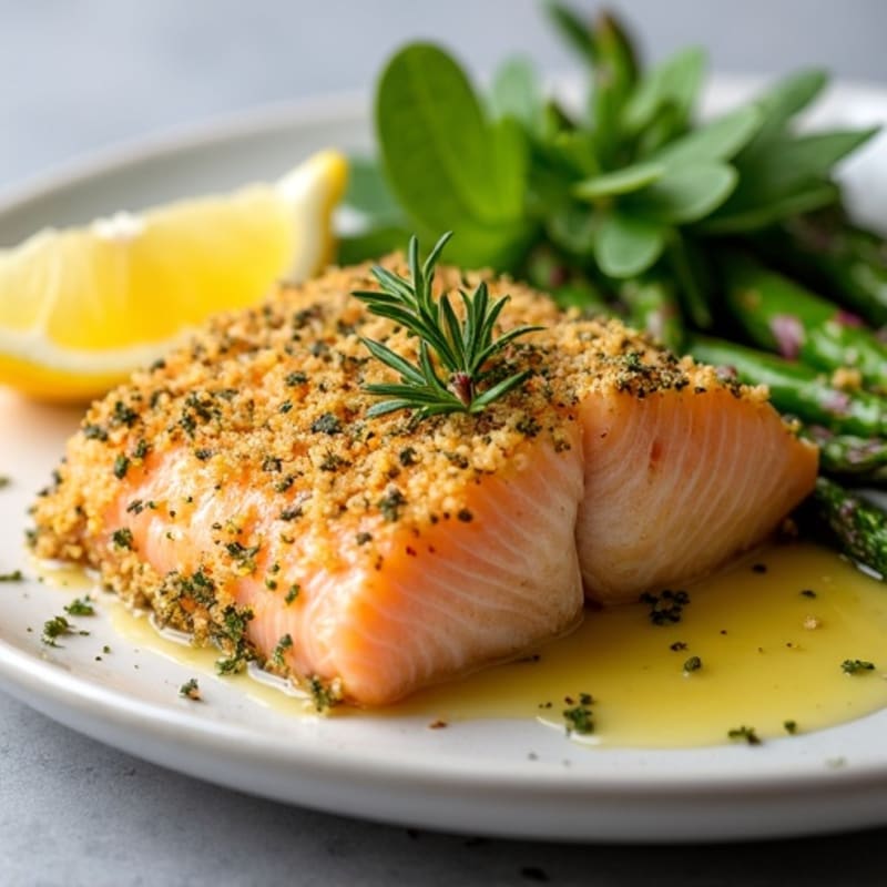 Herb-Crusted Baked Salmon with Lemon Garlic Sauce