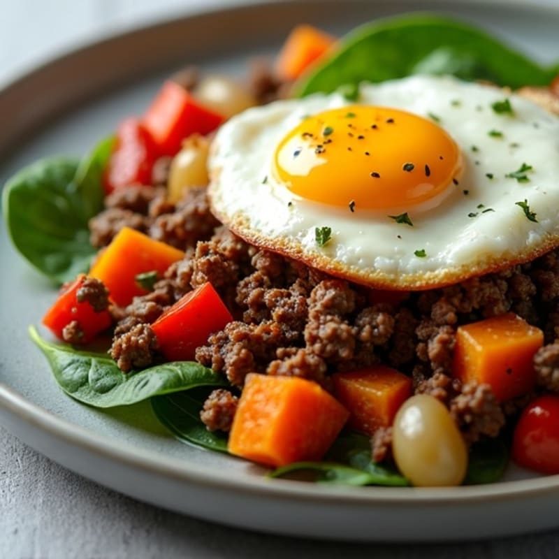 Savory Ground Beef and Roasted Sweet Potato Hash